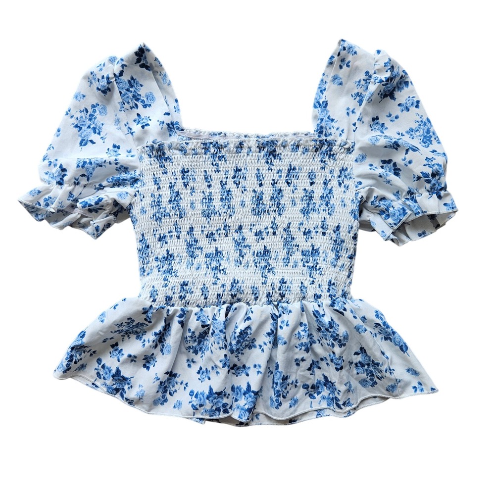 SHEIN Blue White Floral Smocked Peplum Puff Sleeve Square Neck Top Size M